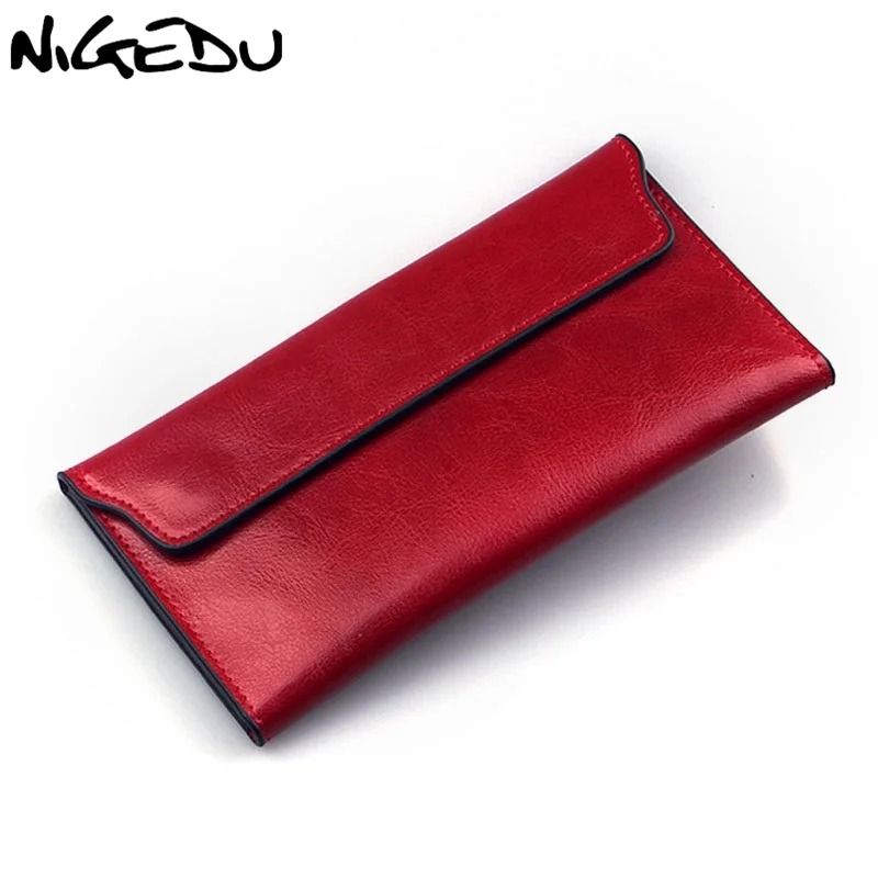 NIGEDU Brand Genuine Leather Women Wallet Long thin Purse Cowhide multiple Cards Holder Clutch bag Fashion
