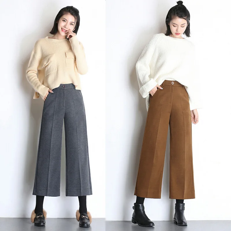 Automne femmes laine cheville longueur pantalon taille haute droite jambe large pantalon grande taille hiver décontracté Mujer pantalon femme MZ1994