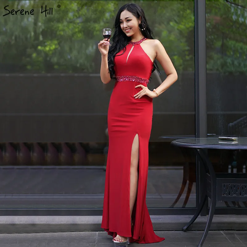 

New Mermaid Wine Red Prom Dresses Sleeveless Crystal Beading Elegant Sexy Evening Party Dresses 2019 LA6284