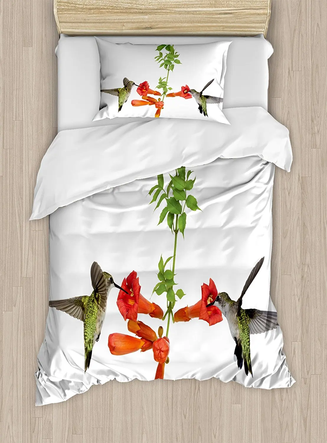 

Hummingbirds Duvet Cover Set Two Hummingbirds Sipping Nectar from a Trumpet Vine Blossoms Summertime 4 Piece Bedding Set