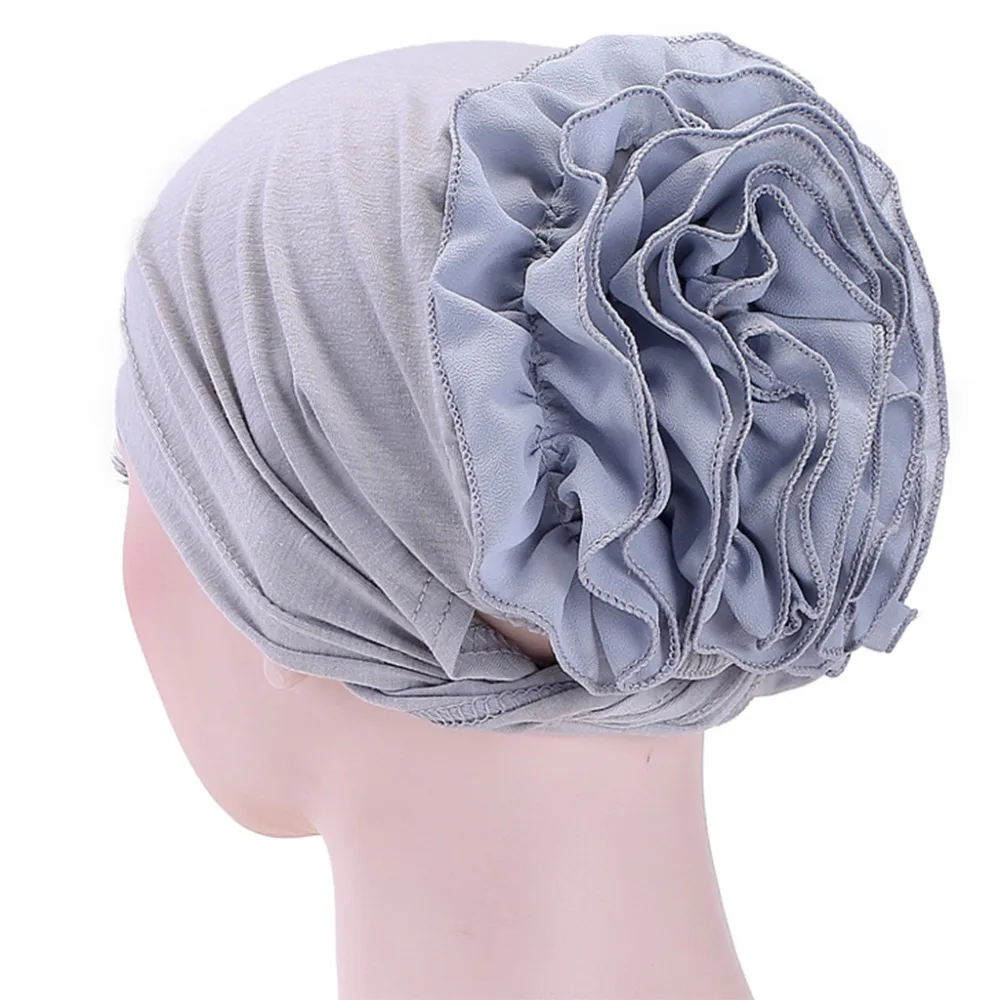 

Womens Chiffon Pleated Muslim Solid Color Large Ruched Ruffles Flower Arabic Beanies Cancer Chemo Cap Vintage Headwrap New