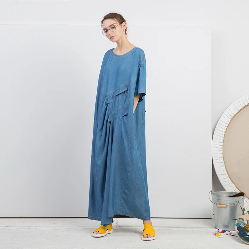 

IRINAW060 new arrival summer 2018 asymmetrical pleated casual long oversize tencel denim dress women
