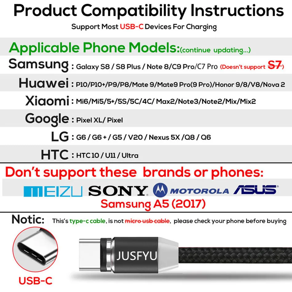 Jusfyu Магнитный кабель 1 м светодиодный Тип C Магнит Micro USB Зарядное устройство кабель для samsung S10 iPhone X XS Max XR 7 8 6 мобильный телефон кабель с разъемом usb-c