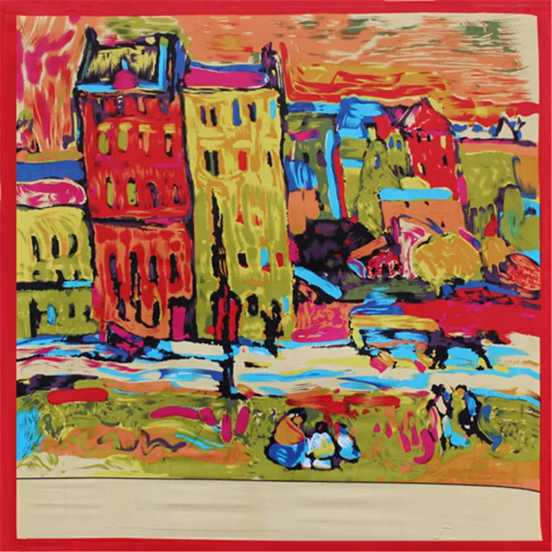 

Spring New 90x90cm Van Gogh Red House Ink Splashed Pattern Silk Scarf Women Scarf NeckerChief Bandana Square Muslim Headscarf