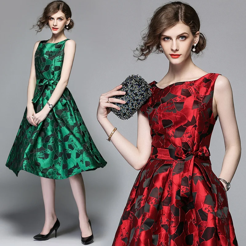 Red/Green Women Autumn Slim Vintage Print Floral Office Dress Lady Elegant Jacquard Casual