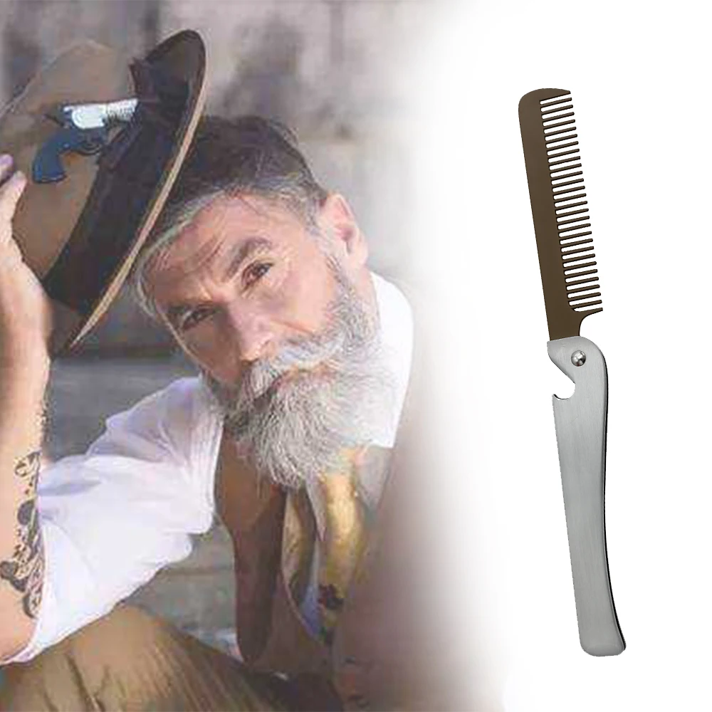 CestoMen Pocket Folding Beard Shaping Comb Anti Static Men Comb For Mustache Stainless Steel Bottle Opener 2