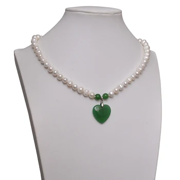 

Wholesale 8-9mm Graceful and pure natural white pearl with Emerald green heart Chalcedony necklace findings 18inch
