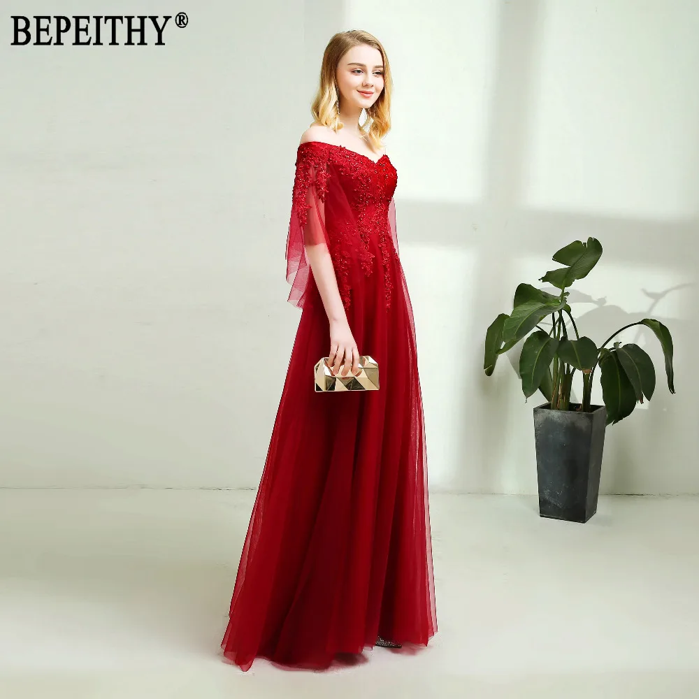 BEPEITHY дизайн vestido de festa с коротким рукавом и аппликацией из бисера тюль с v-образным вырезом винные Вечерние платья Длинные