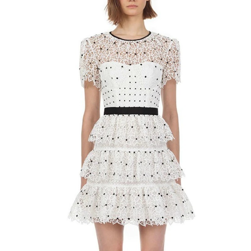

Self Portrait Summer Runway Dress Women Elegant Hollow Out Lace Ruffles Lace Mini Dress Female Elegant Holiday Party Dresses