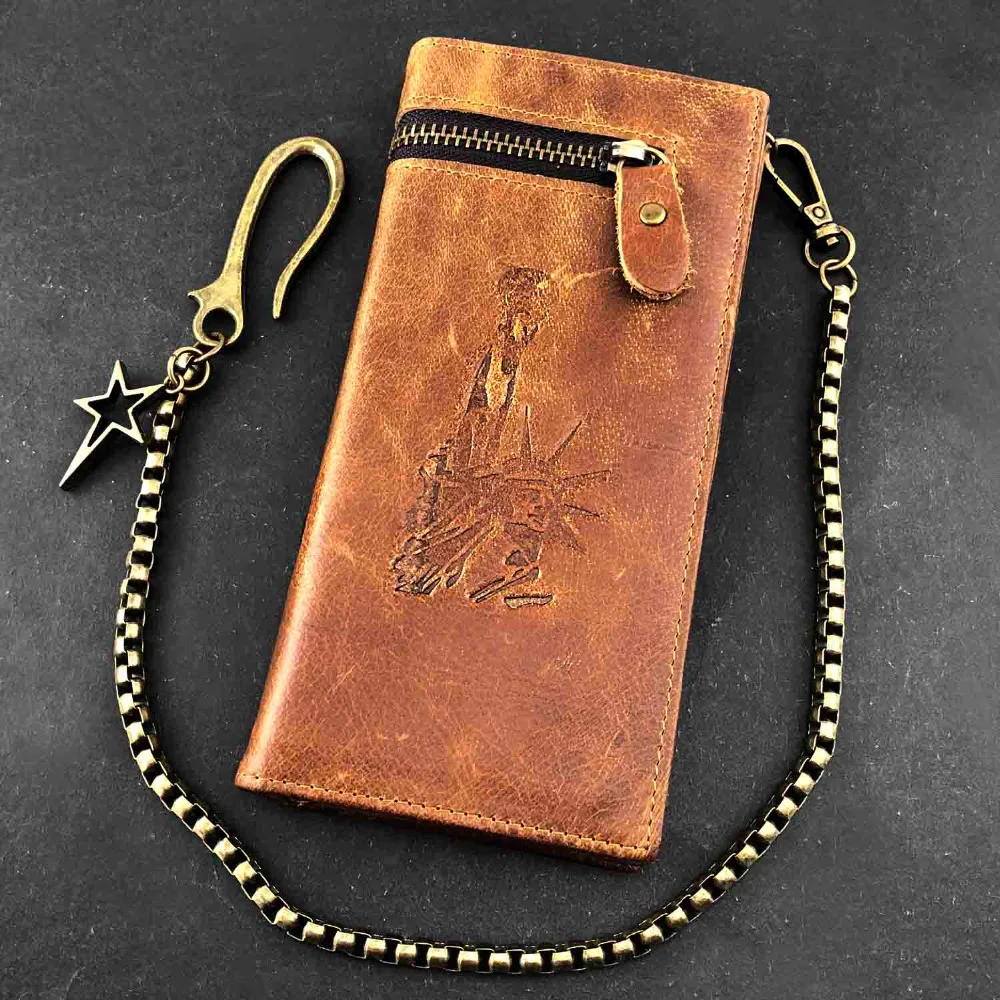 

Biker Trucker Mens Genuine Leather Ziper Long Wallet With Metal Key Chain