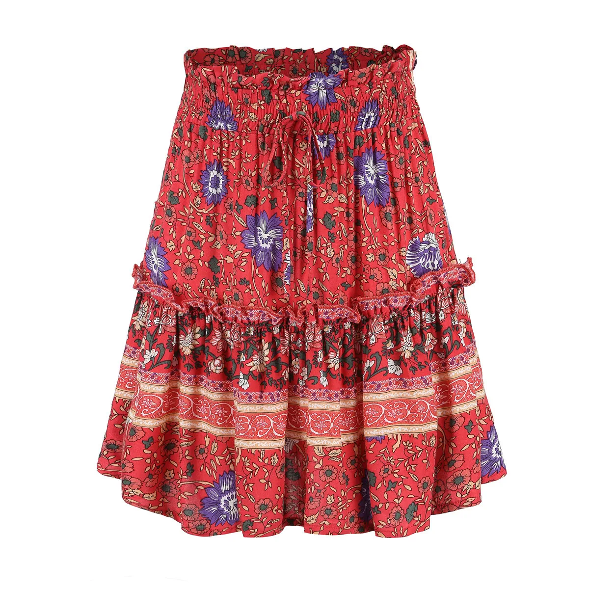 Летние женские модные шифоновые юбки в стиле бохо Женская Цветочная Цыганская юбка новые праздничные юбки - Цвет: Красный
