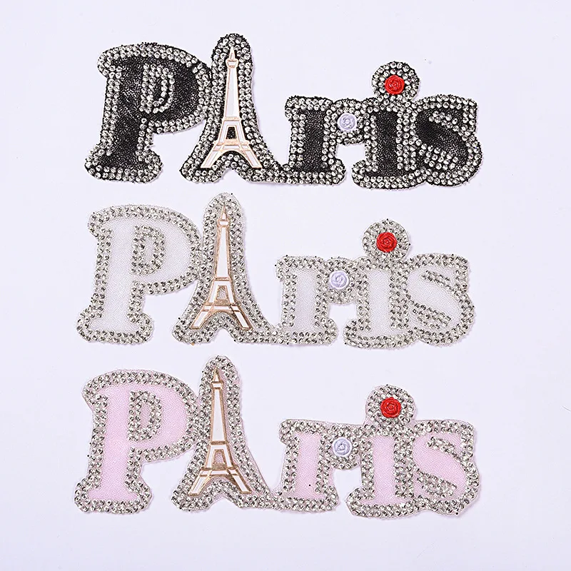 

1Pcs Fun Rhinestones PARIS Letter Embroidered Patch Iron on Sewing Crystal Applique For Jeans Clothing Decorations