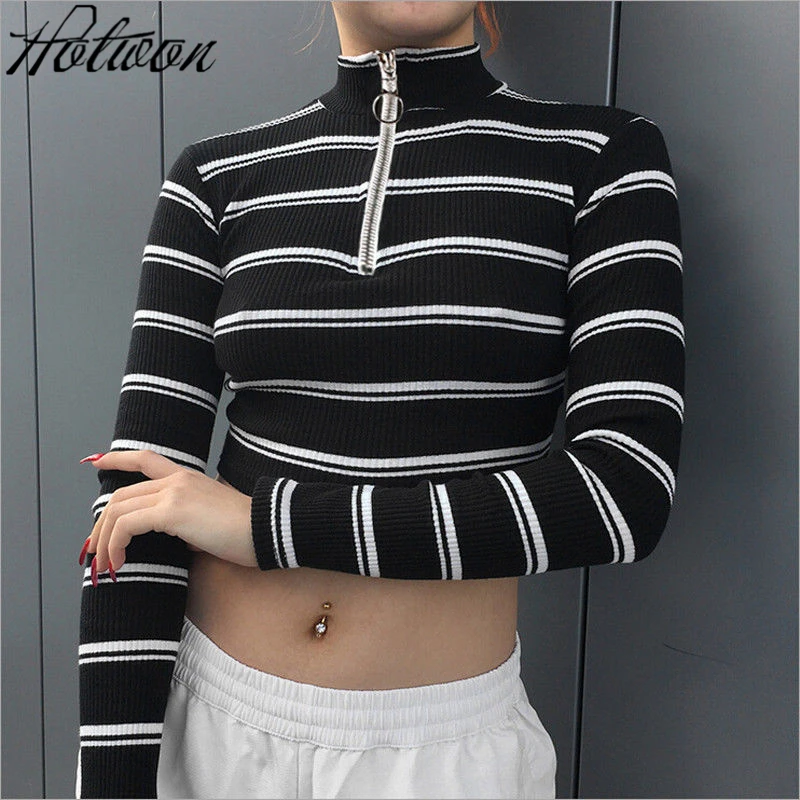 

Korean Style Turtle Neck Korean T-shirt Women Crop Top Casual Stripe Turtle Neck Crop Top Long Sleeve Loose Casual Clothes