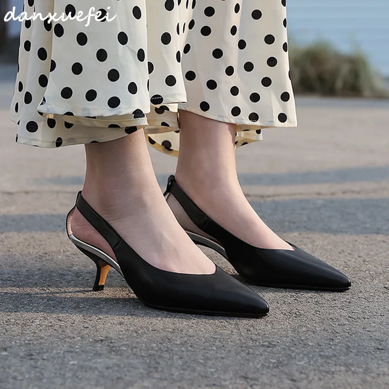 

3 Color plus size 33-43 women's genuine leather high heel sling back pumps pointed toe low heel comfortable ladies dress shoes