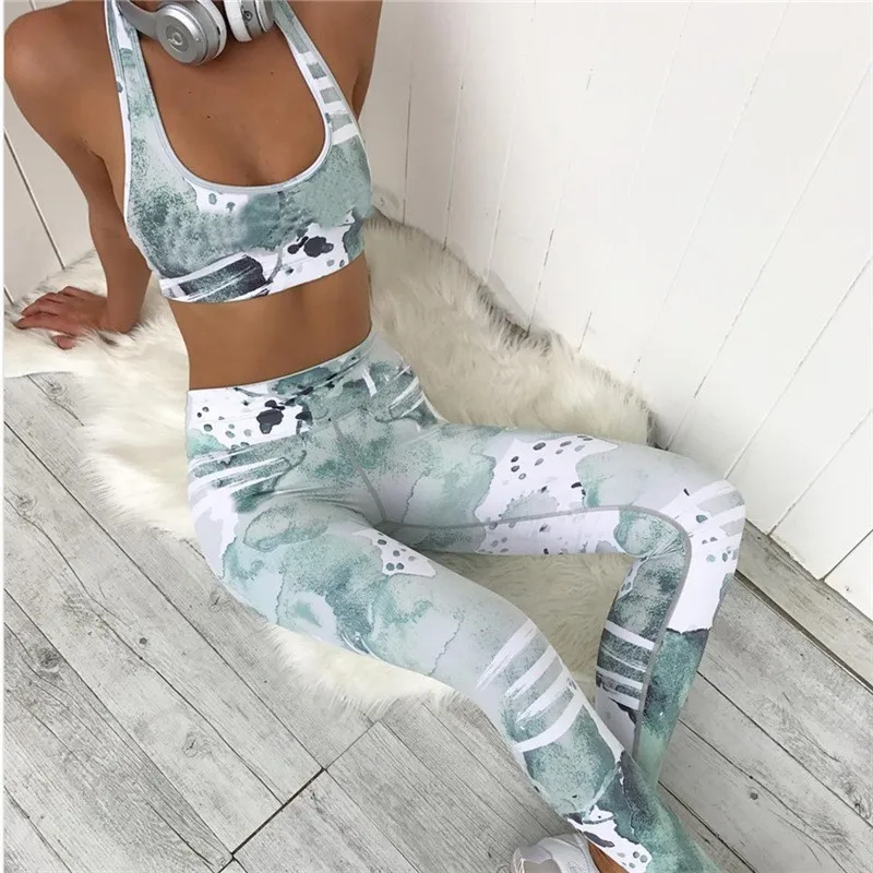 Casual Print Sporting Suit Women 2 Piece Set Fitness Clothes Workout Sportswear For Female High Waist Leggings And Bra Tracksuit