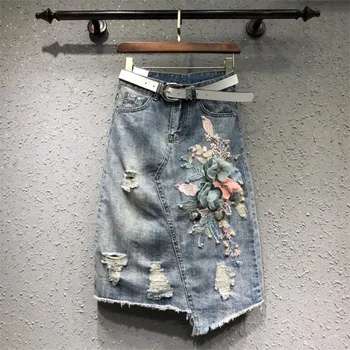 

Women Fashion embroidery Denim Skirt spring Summer Hole Ripped irregular Jeans Skirt package hip Skirt plus size 5xl r1140