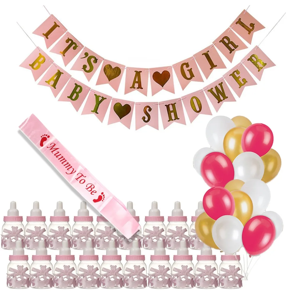 

It'S A Girl Baby Shower Decoration Set "It'S A GIRL BABY SHOWER" Banner,Pink White&Gold Balloons,"Mummy To Be" Sash,Baby Bottle