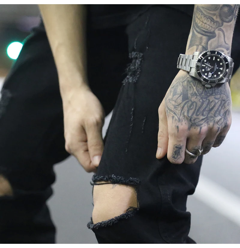 High Street джинсы с рваными коленками мужские байкерские джинсы Slim Fit эластичные джинсовые штаны осень Новый Повседневное черный стрейч хип