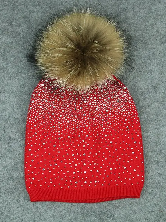 KUE019 Natural Fur Pom pom Knitted Hat Winter Wool Women Genuine Fur Ball Bobble Knit Beanies Bonnet Bones Skullies Rhinestone - Color: red