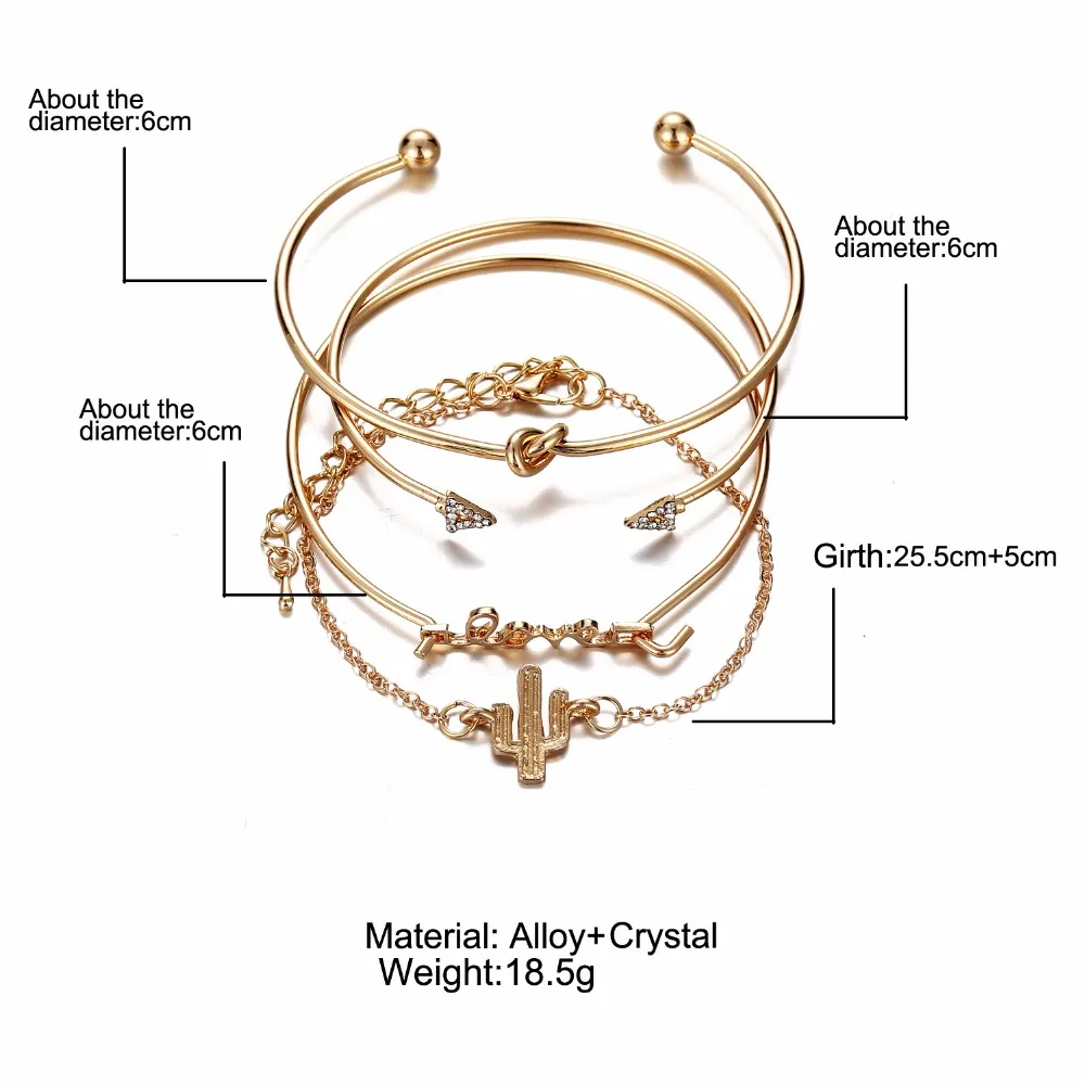 Ckysee, 4 шт./1 комплект, золотой цвет, кактус, буквы, узел, браслет и браслет, богемный геометрический, металлическая цепочка, браслет, массивные украшения