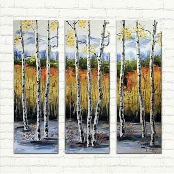 

Hand Painted Triptych Birch Tree Fall Landscape Oil Painting Palette Knife Art On Canvas For Decoration