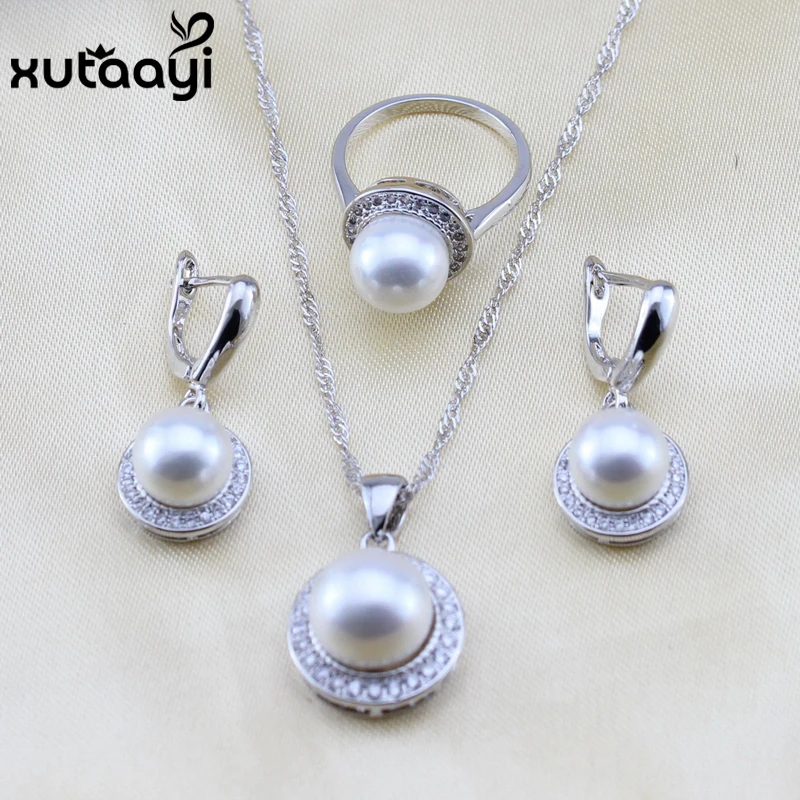 Комплект из колье серёг и кольца с искусственным жемчугом|jewelry sets for women|silver jewelry