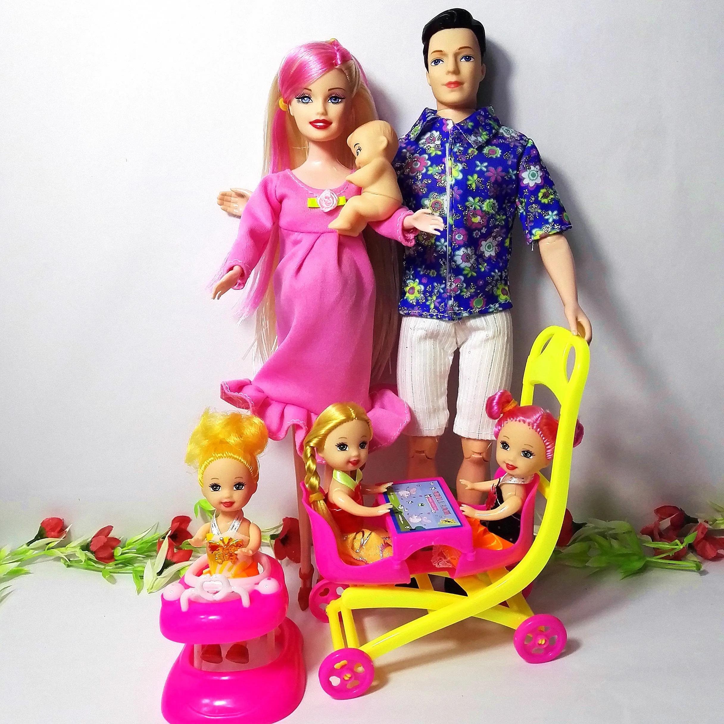 6 человек Семья куклы костюмы мама/папа/сын ребенок/Келли/карета девочки игрушки Мода беременных куклы детские игрушки подарок на день рождения кукла