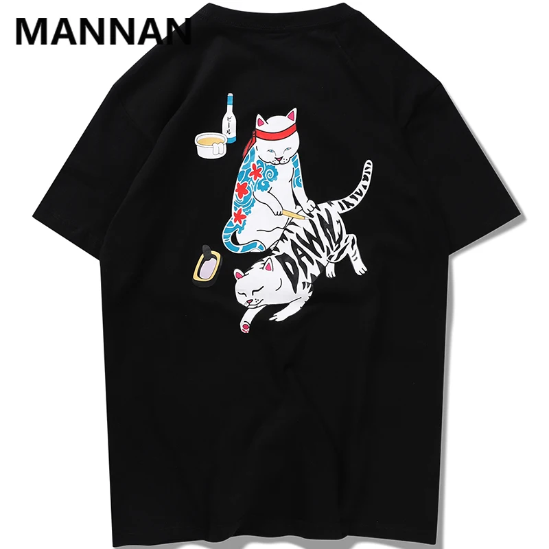 

MANNAN Funny Japanese Ukiyo-E Tattoo Cat Tshirts Men Summer Hip Hop Casual Streetwear Tops Tees Male Fashion Cotton T Shirts
