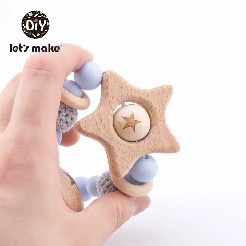 Let's Make детский Прорезыватель для зубов, 1 шт., цепочка для соски, бук, звезда, деревянный зажим, геометрические бусины для вязания крючком с мешком, деревянный прорезыватель, крошечные игрушки