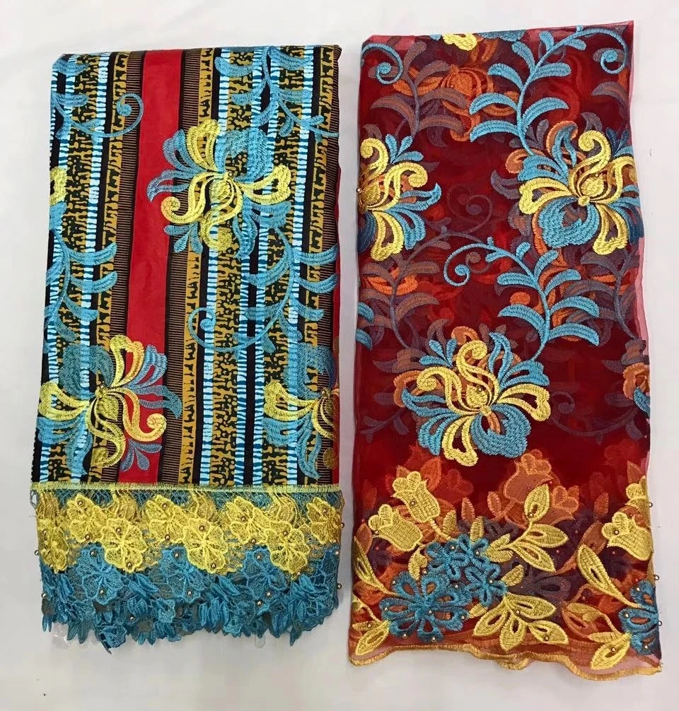 

Latest design beautiful flower African wax fabric with water soluble lace fabric 6 yds+net lace 2 yds for party dress with beads