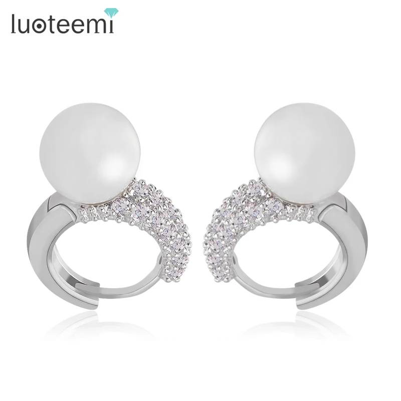 Luoteemi модный бренд белый жемчуг имитация клип на Серьги для Новинки для женщин AAA кубического циркония камень Стад Brincos Шарм ювелирных изделий