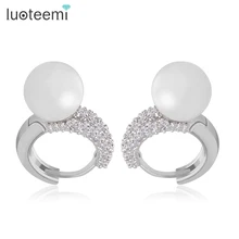Luoteemi модный бренд белый жемчуг имитация клип на Серьги для Новинки для женщин AAA кубического циркония камень Стад Brincos Шарм ювелирных изделий
