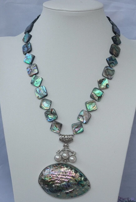 

11.25 Natural paua abalone shell square Necklace-paua abalone shell pendant Discount 35% #@