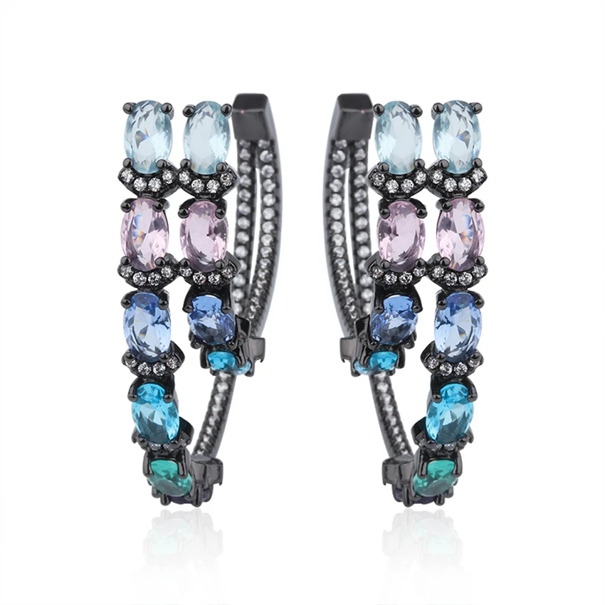 

3 Colors Personalized Black Earrings Multi-Color Cubic Zirconia Crystal Stud Earrings for Women Girls Vintage Jewelry
