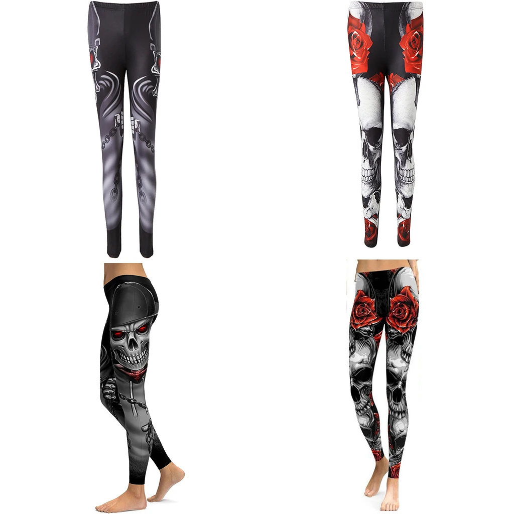 

Vintage Skeleton Rose Print Scary Costume Black Skinny Pants Halloween Cosplay Suit Stretchy Outfit COS For Female