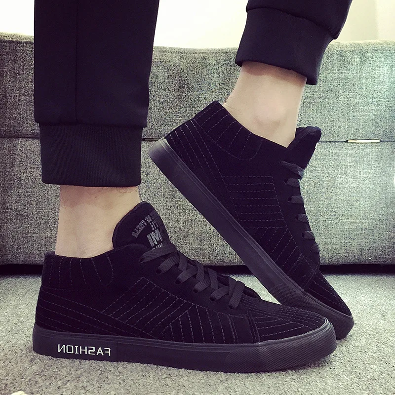 

New 2018 Fashion Solid Gray Black Canvas Men Shoes Platform Breathable Lace Up Men Casual Shoes Mid Top Loafers Sneakers 39-44