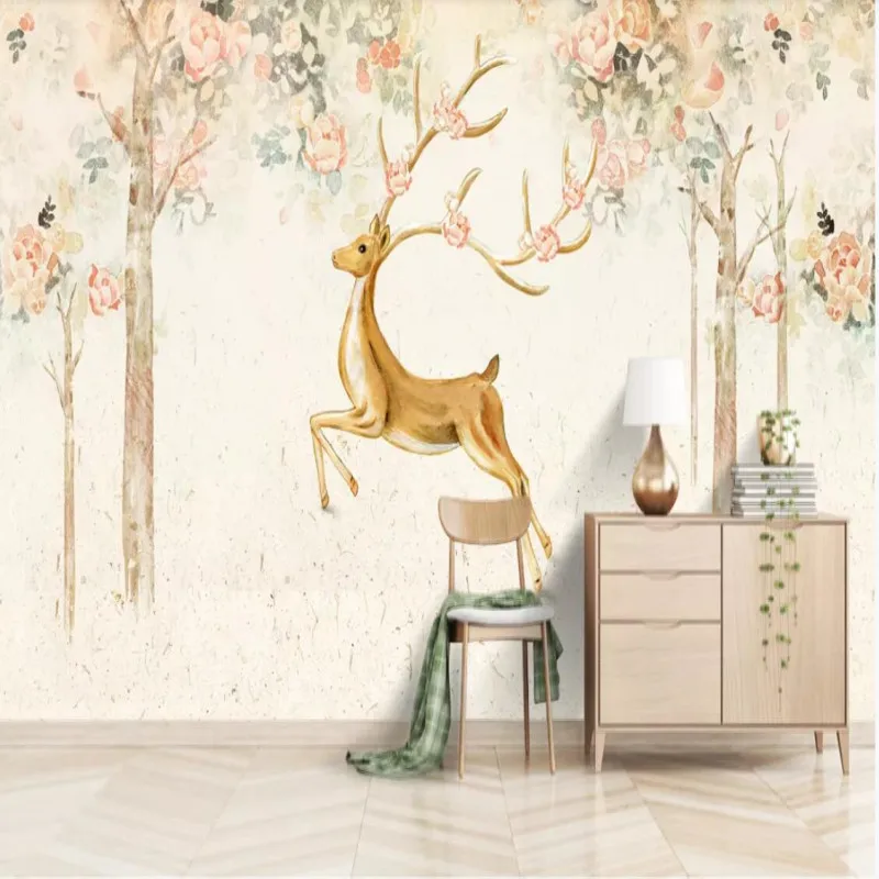 

Factory direct Nordic hand-painted elk forest background wall small fresh watercolor woods, TV, bedroom, living room wall