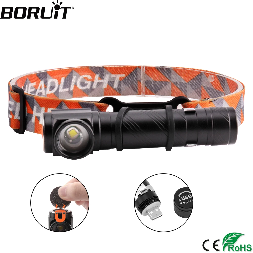 

BORUiT T6 LED 3000LM Headlamp 4-Mode Rechargeable Headlight Built-in Battery Flashlight with Magnet Camping Hunting Head Torch