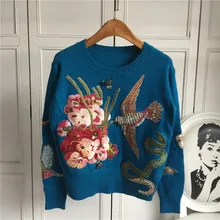 Autumn Winter Sweaters New Fashion 2016 Women’s Long Sleeve Elegant birds beading Flower Embroidery novel Wool Sweater