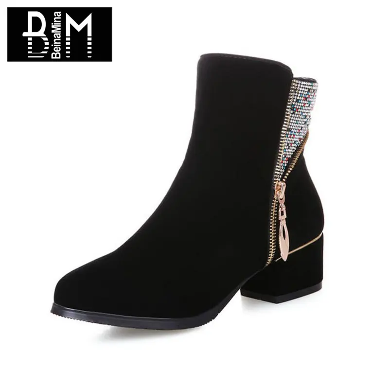 BEINAMINA Femmes Demi Bottes Courtes Perles Zipper Haut Talon Bottes 