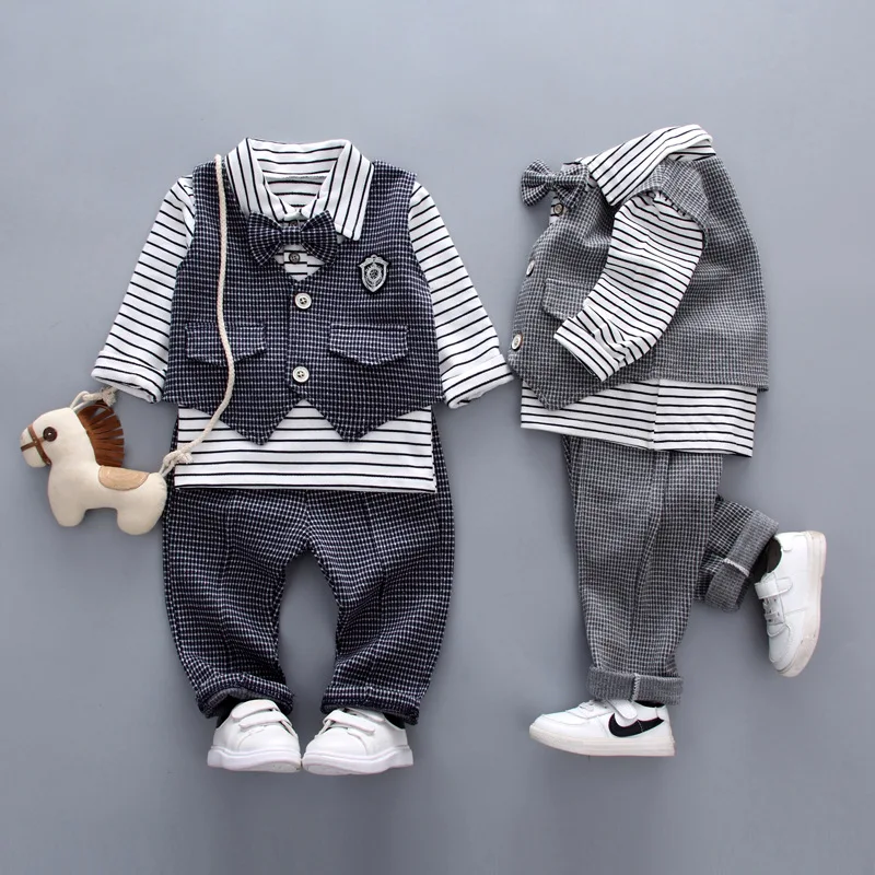 

kids baby clothes boys clothes sets cotton plaid gentleman jacket striped full sleeve long pants boys sets 3pcs 1-5T