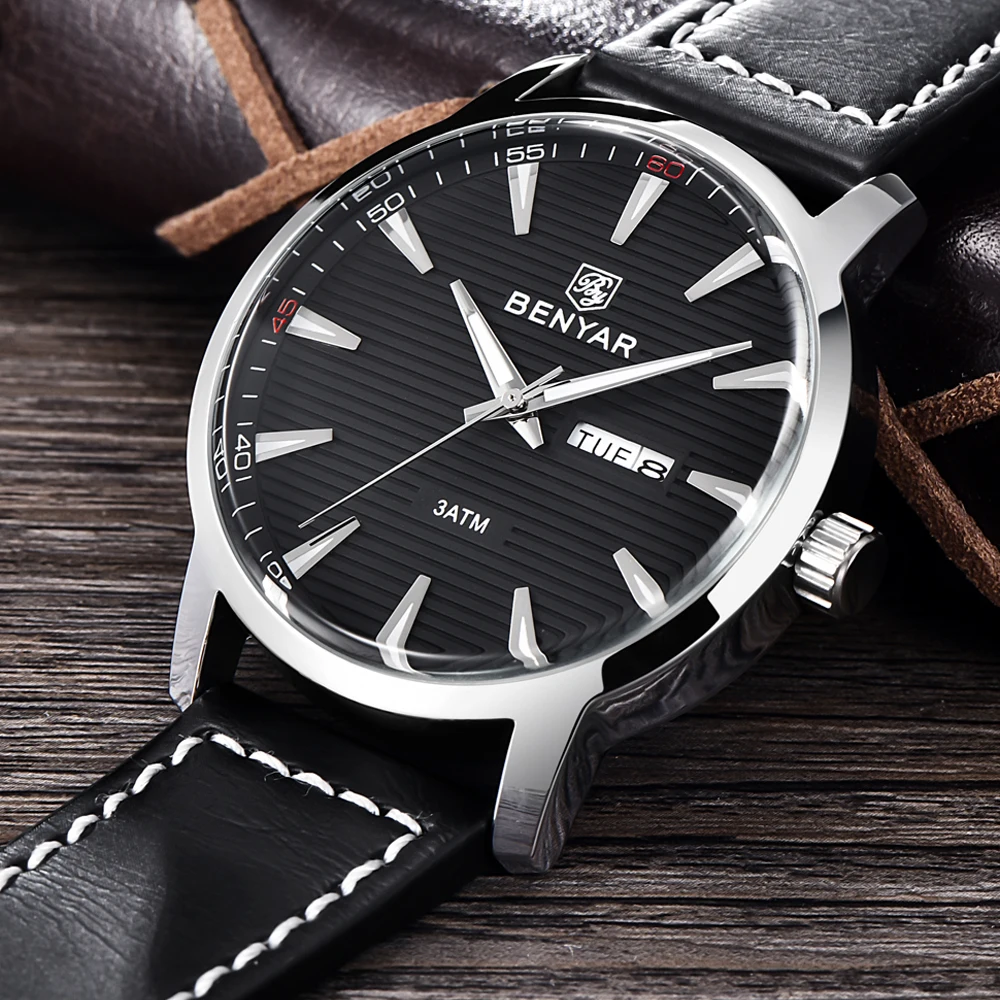  BENYAR Reloje 2018 Men Watch Male Leather Automatic week date Quartz Watches Mens Luxury Brand Wate