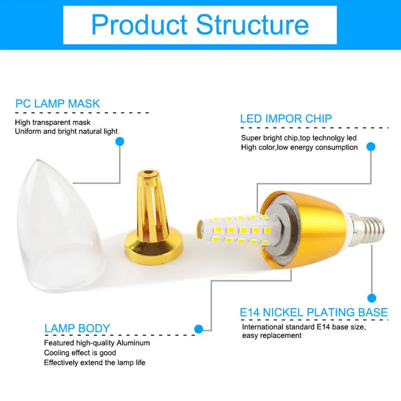 GreenEye 6 шт. E14 Светодиодный светильник в форме свечи 7 Вт 9 Вт алюминиевый светодиодный светильник 220 В Золотой Серебряный холодный теплый белый ампул винтажный Ретро-светильник