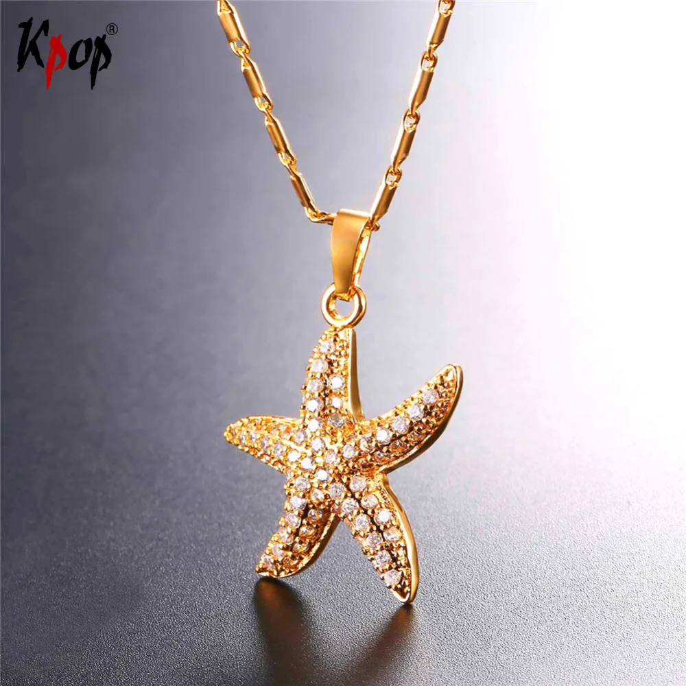 Kpop Cubic Zirconia Cute Starfish Pendants Necklace Gold/Silver Color Wholesale Trendy Sea ...