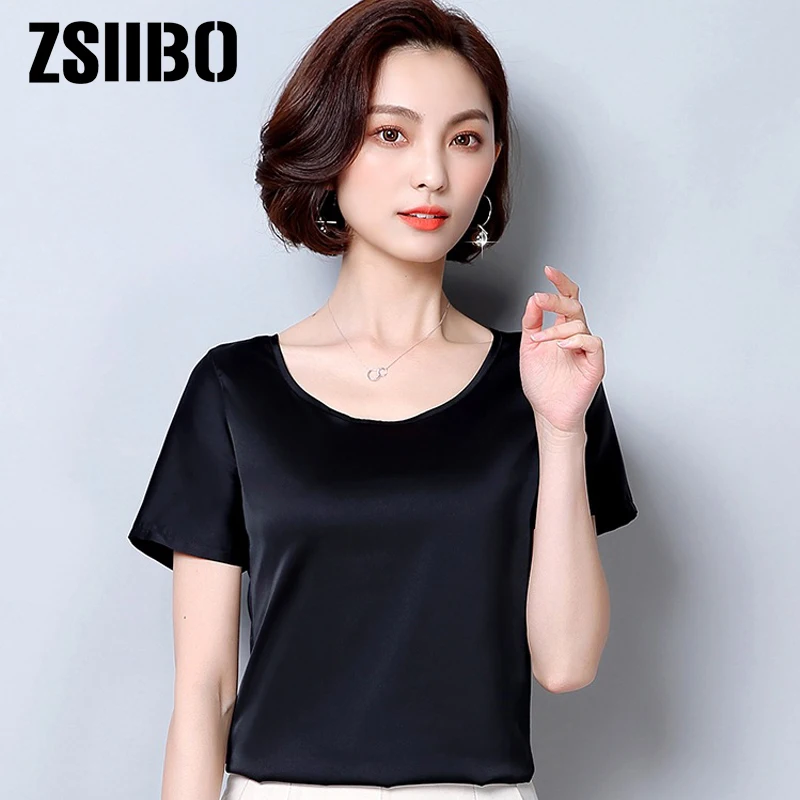 Винтажная Женская шелковая блузка летняя офисная атласная рубашка корейский элегантный большой размер с коротким рукавом топ размера плюс женская одежда