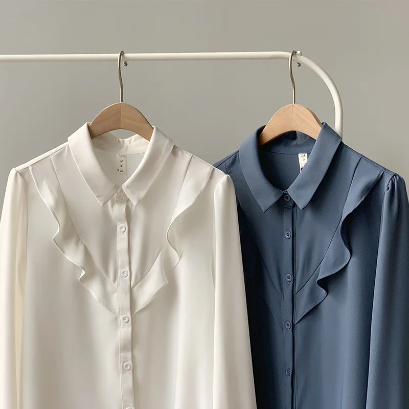 De Tops Blanco 2019 Casual Coreana Volantes Moda Marino Elegante Larga Manga azul Cuello Mujer Blusas Camisas Blanco fxq7d4x