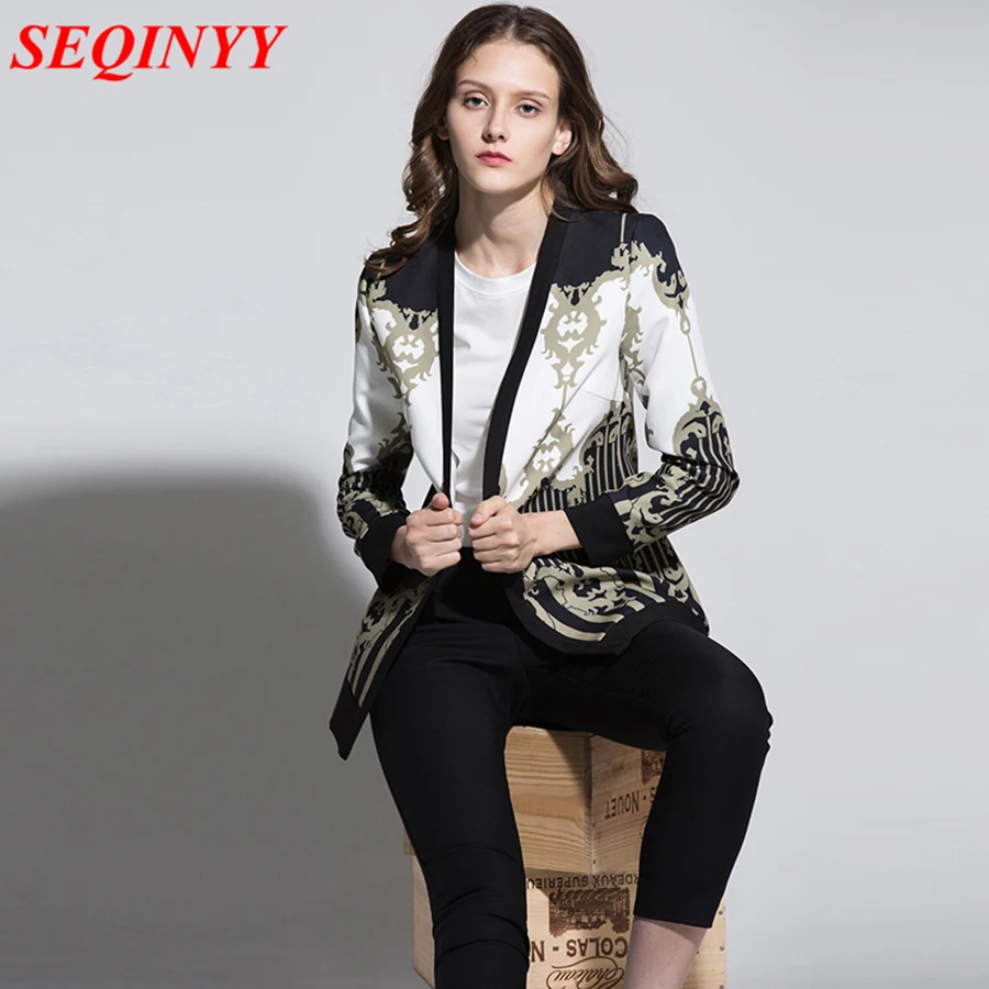 

2017 Autumn Fashion Vintage Printed Coat Abstract V Neck Striped Long Sleeve Open Stitch Thin Jacket With Belt In White Blue