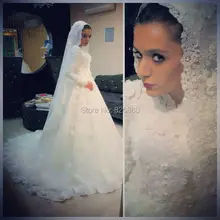 2016 Arabic Long Sleeve Muslim Wedding Dress Robe de Mariage Hochzeitskleid With Hijab Long Veil Gelinlik Wedding Gowns