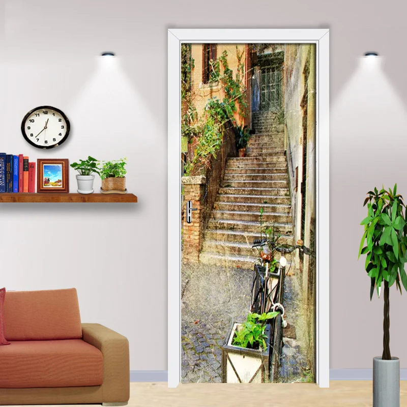 3D настенная дверная наклейка ретро уличный вид обои с лестницей гостиная спальня домашний декор паста ПВХ Самоклеящиеся водостойкие Переводные картинки