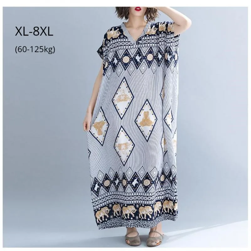 

Short Sleeve Summer Women Long Dress Cotton Linen Print Female Casual Clothing Femme Robe Plus Size 8XL 7XL Beach Maxi Dresses